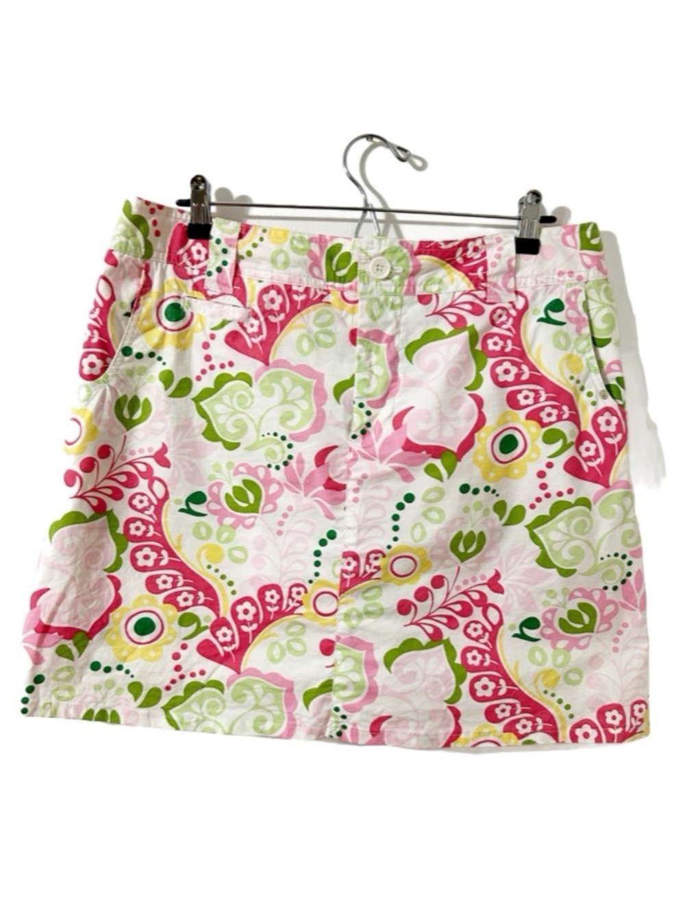 White Stag Women’s Floral Stretch Mini Skirt Size 12 Pink Green Paisley Print